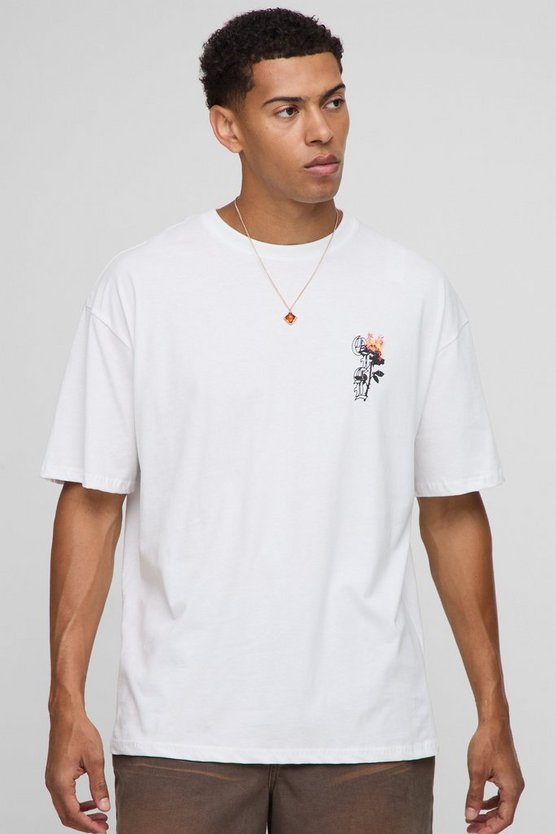 White Oversized Ofcl Man Floral Flame Printed T-Shirt