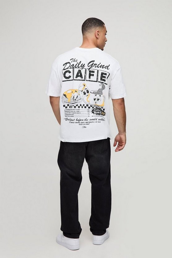 White Oversized The Daily Grind Cartoon Coffee Graphic T-Shirt