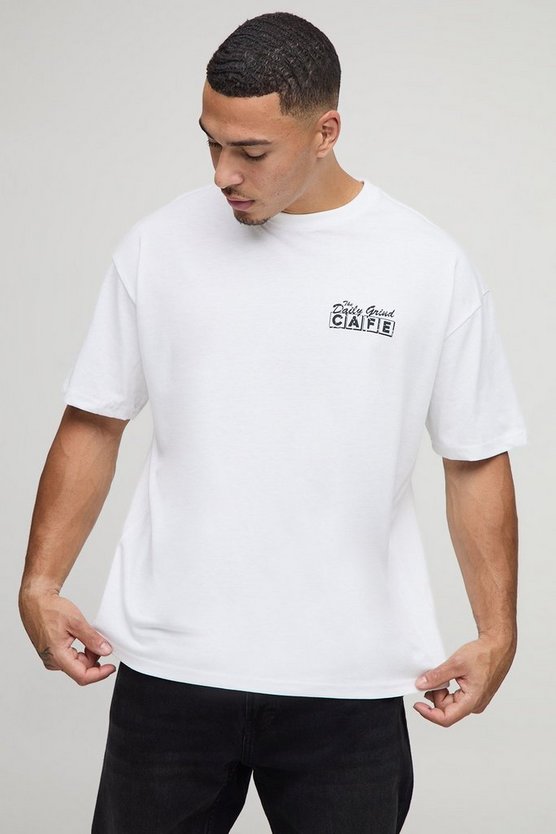 White Oversized The Daily Grind Cartoon Coffee Graphic T-Shirt