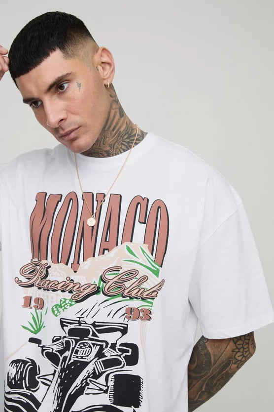 Tall Oversized Monaco Racing Car Print T-Shirt